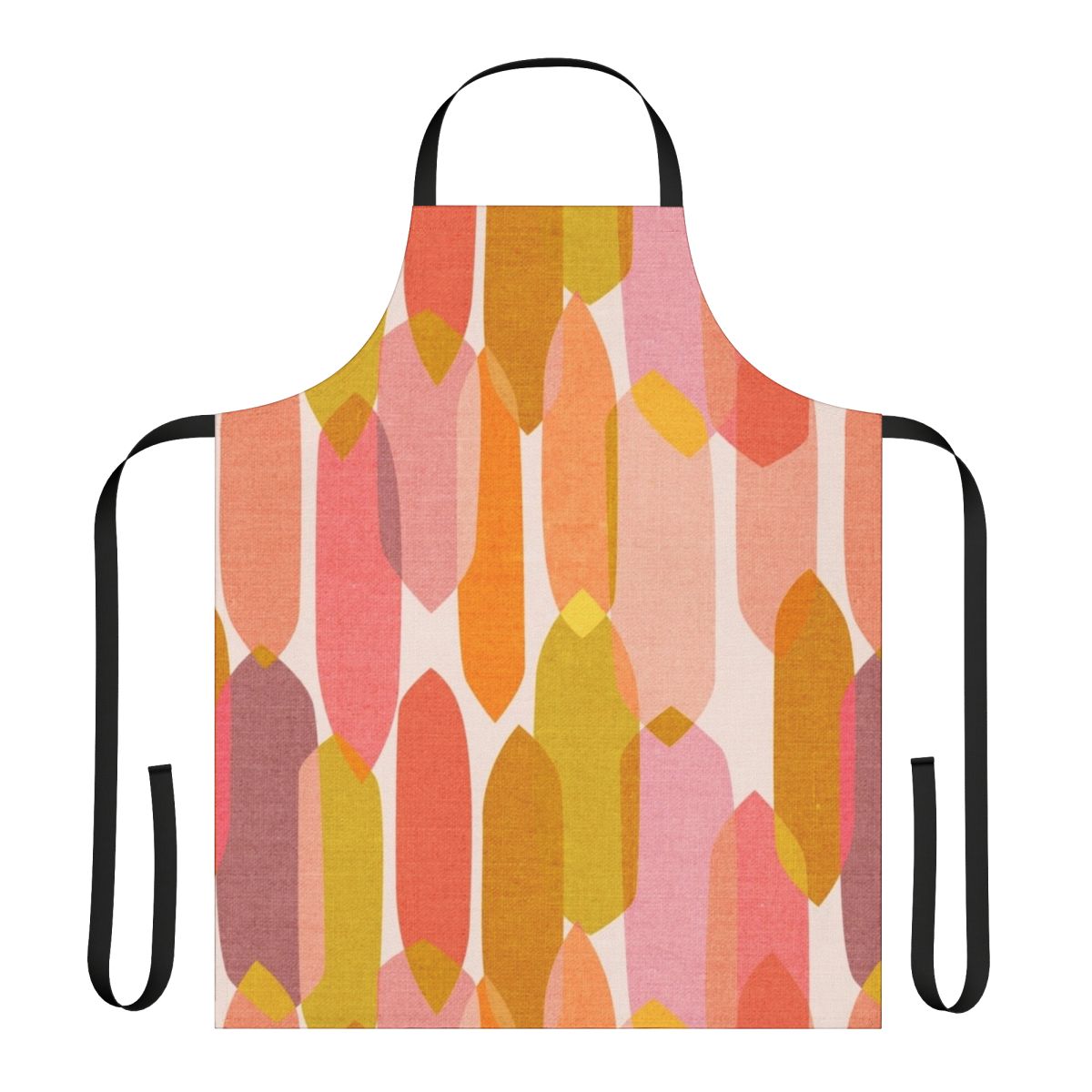 Retro multicolored droplet pattern apron with a modern, mid-century inspired design.