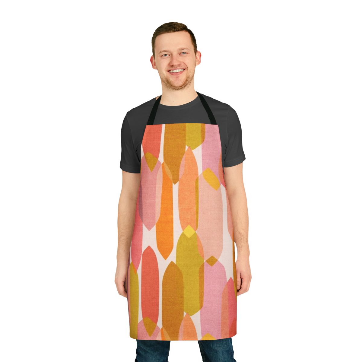 Retro multicolored droplet pattern apron with a modern, mid-century inspired design.