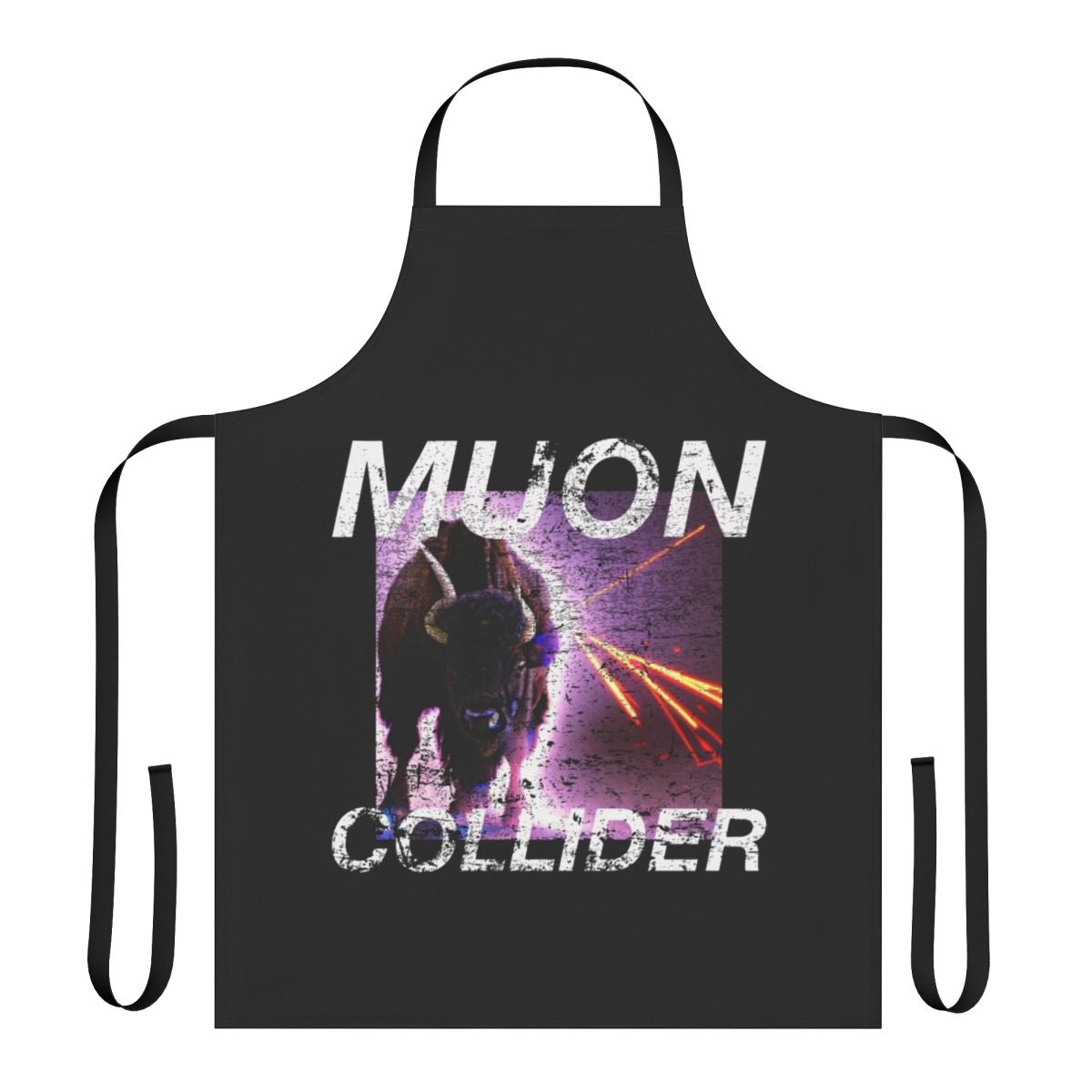 Retro-style apron featuring a muon collider graphic design