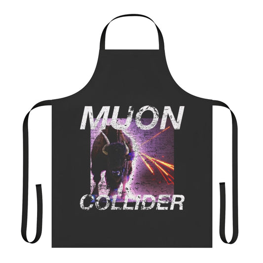 Retro-style apron featuring a muon collider graphic design