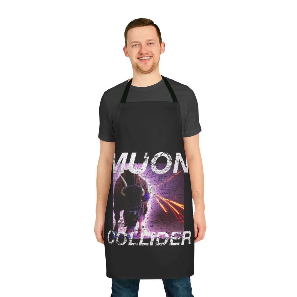 Retro-style apron featuring a muon collider graphic design