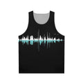 Retro music graphic tee with city skyline design
