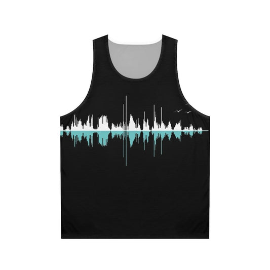 Retro music graphic tee with city skyline design