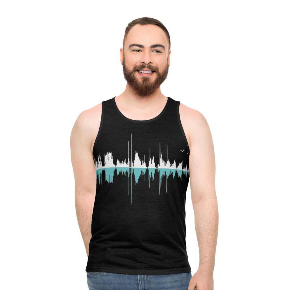 Retro music graphic tee with city skyline design