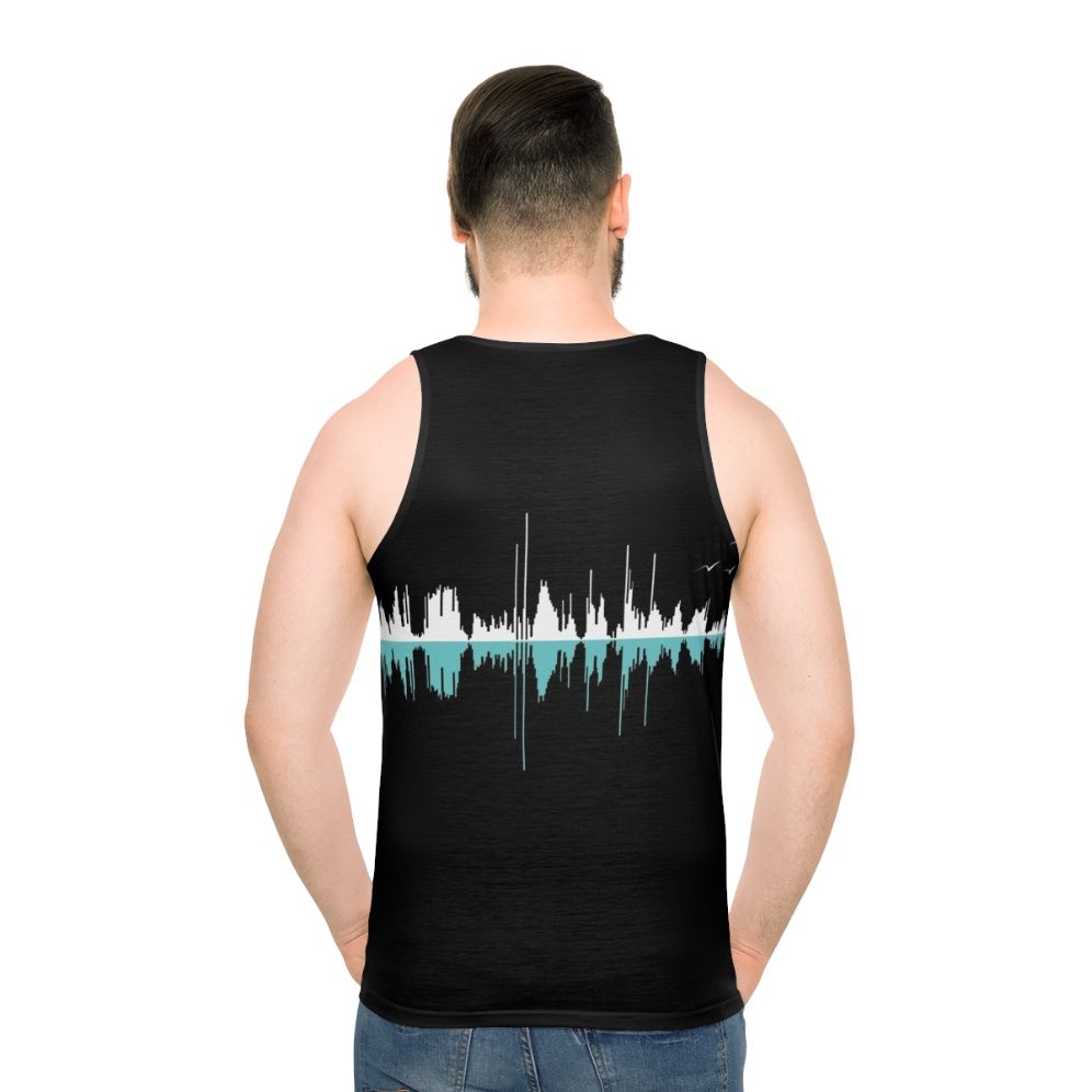Retro music graphic tee with city skyline design