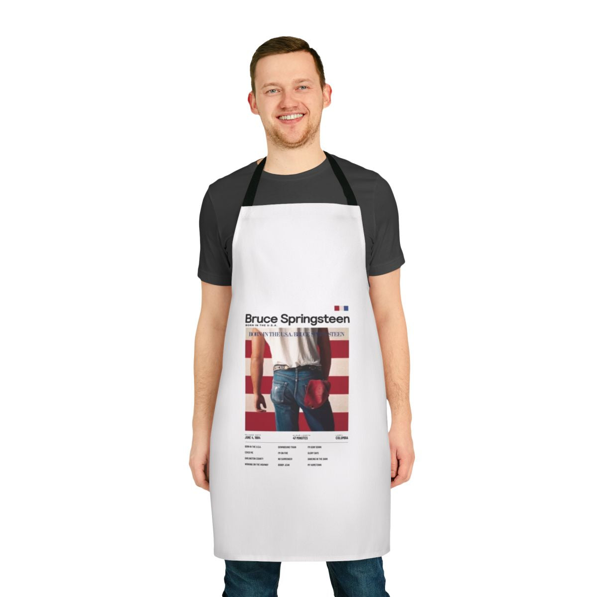 Bruce Springsteen inspired apron with 'Born in the USA' album art design