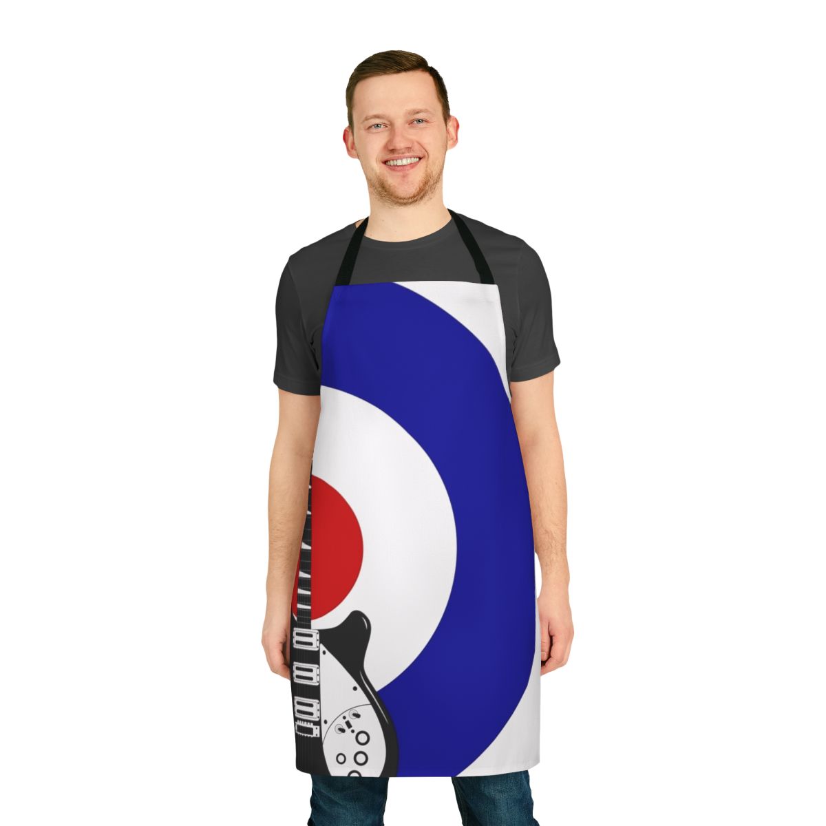 Retro music-inspired apron featuring a bullseye design, perfect for the kitchen or as a stylish accessory.