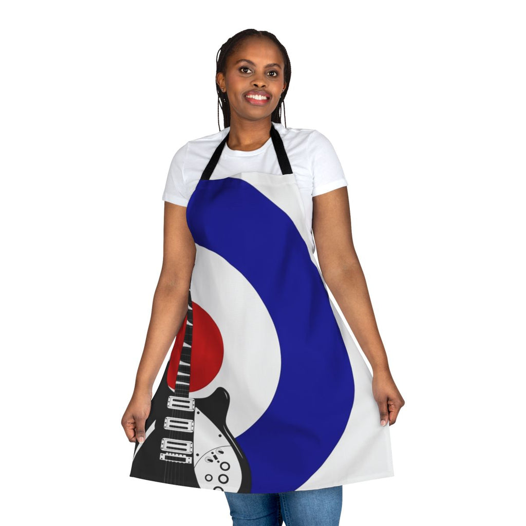 Retro music-inspired apron featuring a bullseye design, perfect for the kitchen or as a stylish accessory.