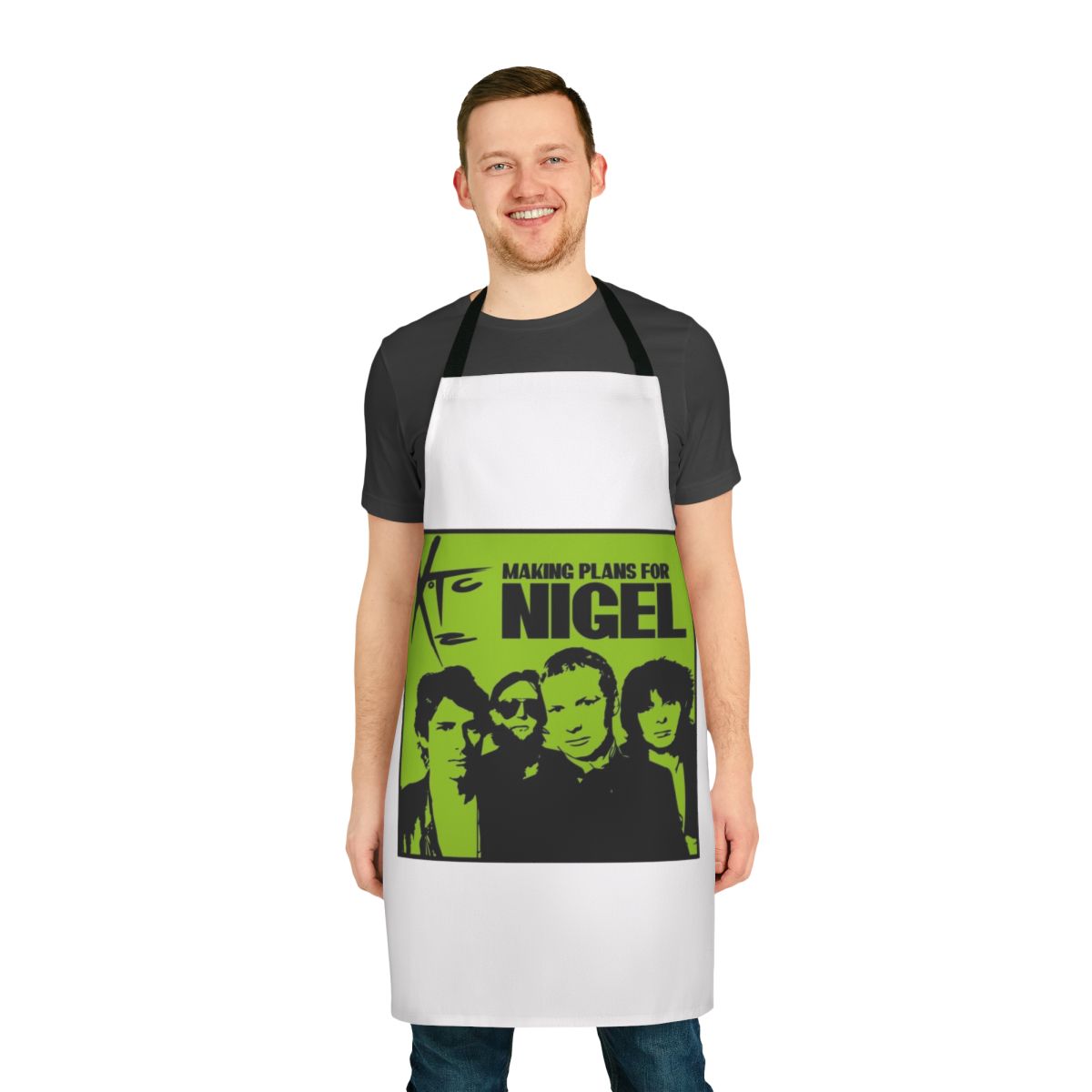Retro apron featuring the album cover art for XTC's "Making Plans for Nigel"