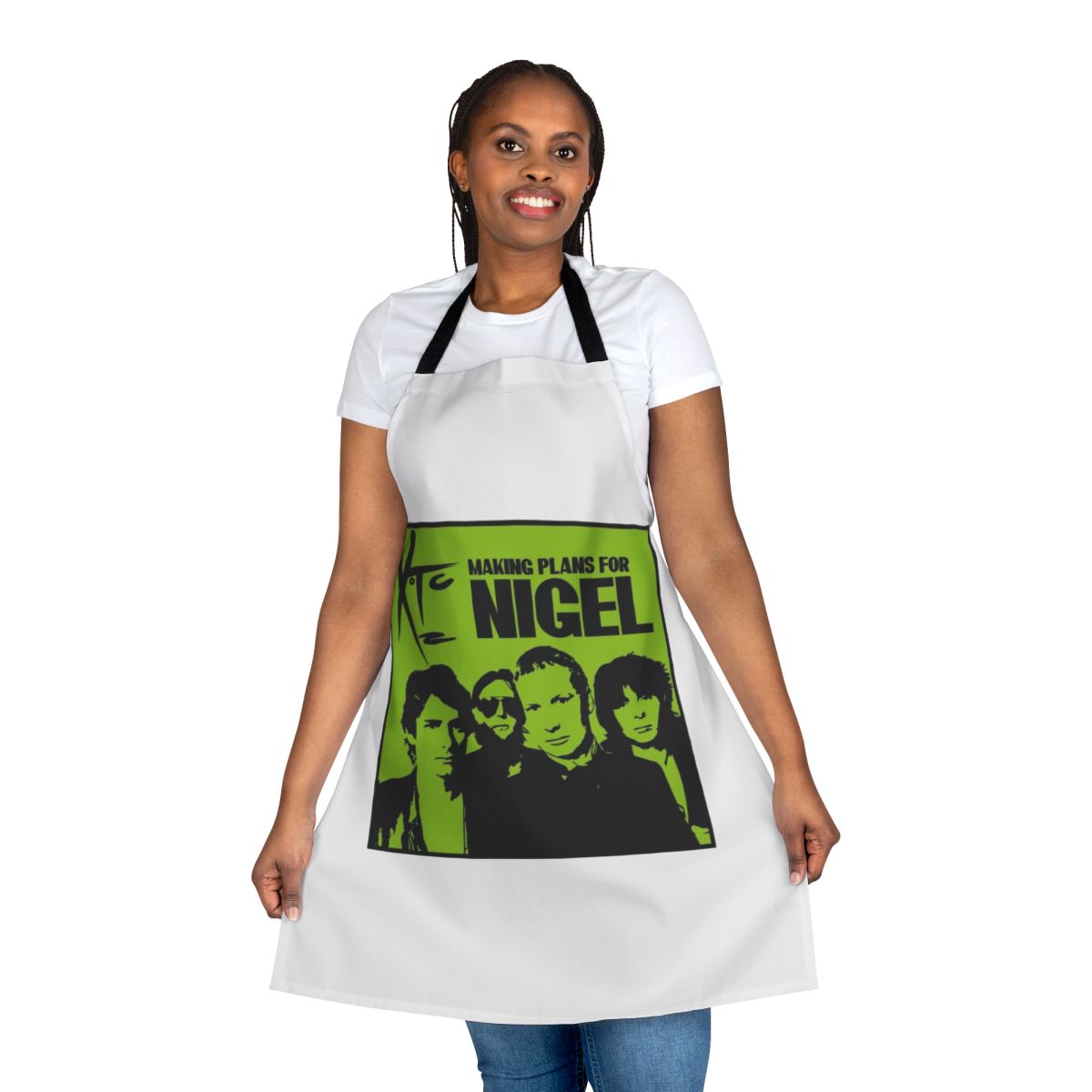 Retro apron featuring the album cover art for XTC's "Making Plans for Nigel"