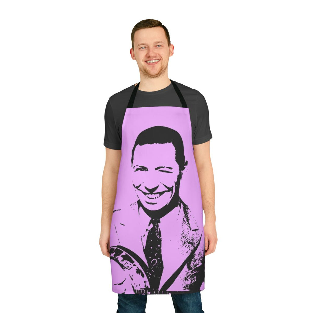 Retro-style apron with an illustration of George Formby, the famous ukulele and banjolele player
