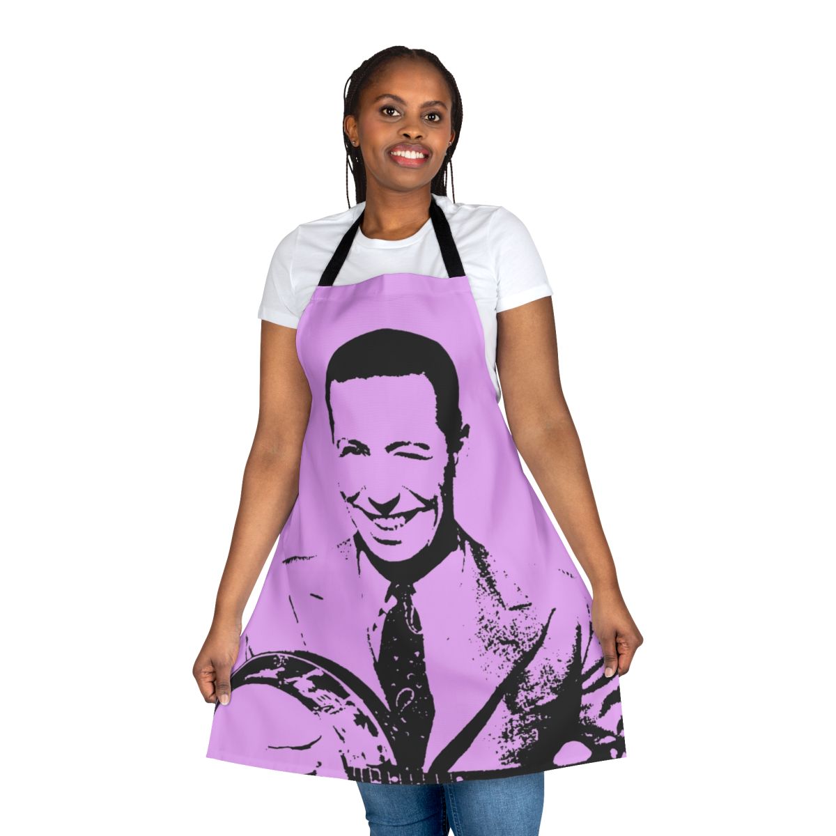 Retro-style apron with an illustration of George Formby, the famous ukulele and banjolele player