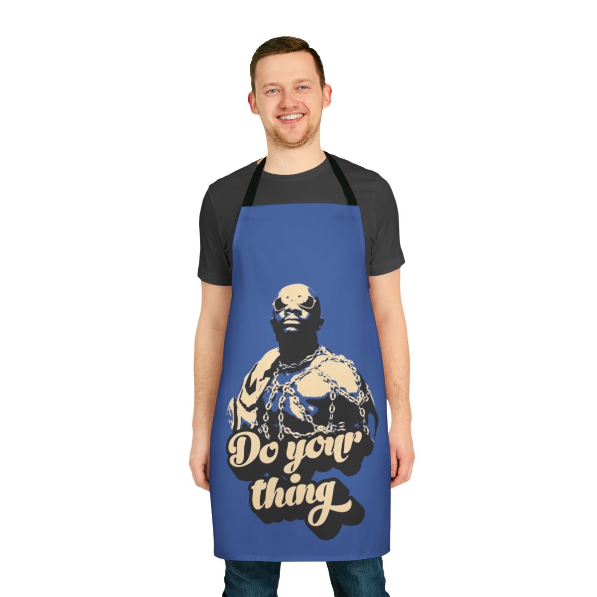 Vintage-inspired apron featuring the name and image of iconic soul musician Isaac Hayes