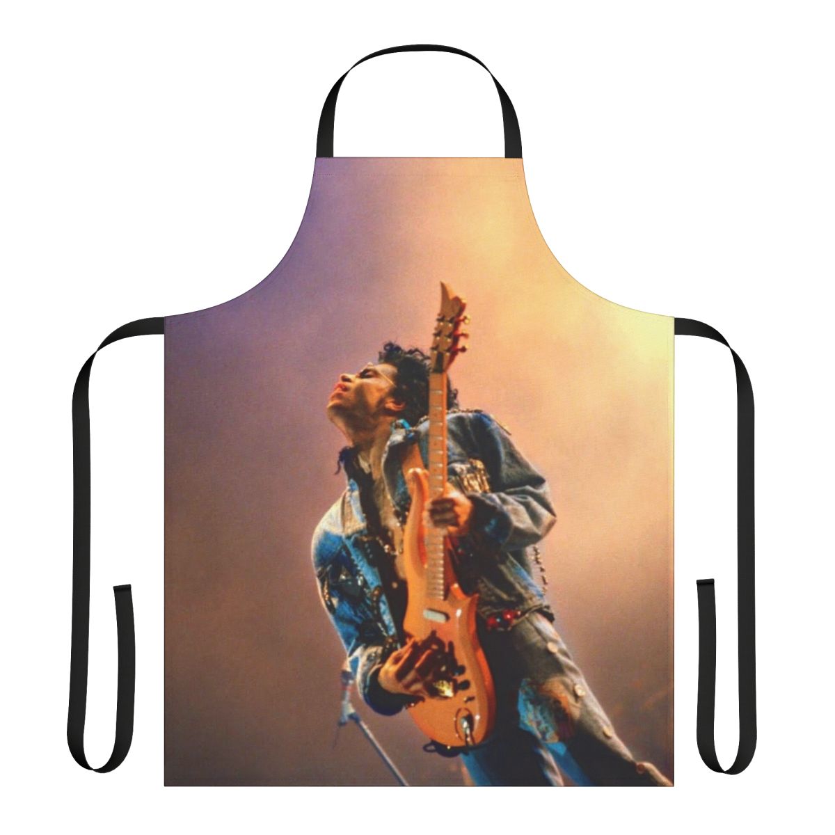 Retro-style apron featuring a musical theme and Prince-inspired design
