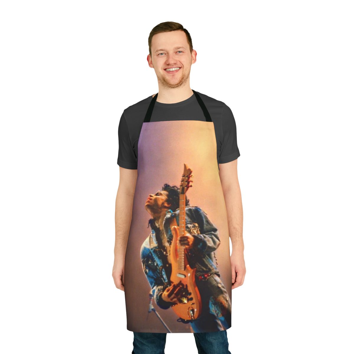 Retro-style apron featuring a musical theme and Prince-inspired design