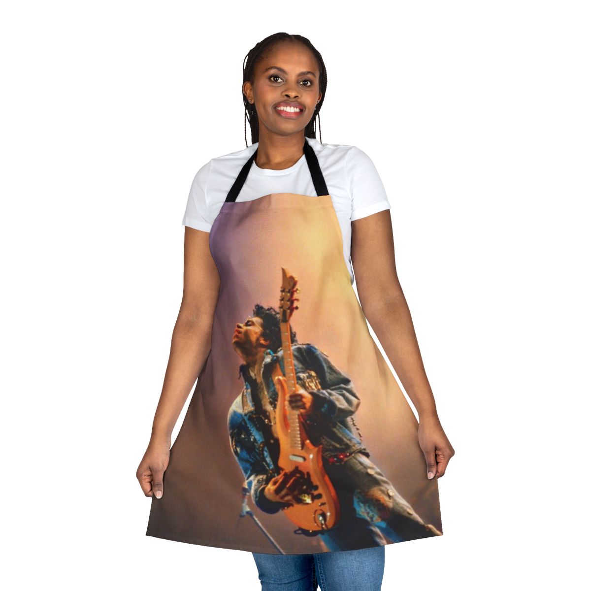 Retro-style apron featuring a musical theme and Prince-inspired design