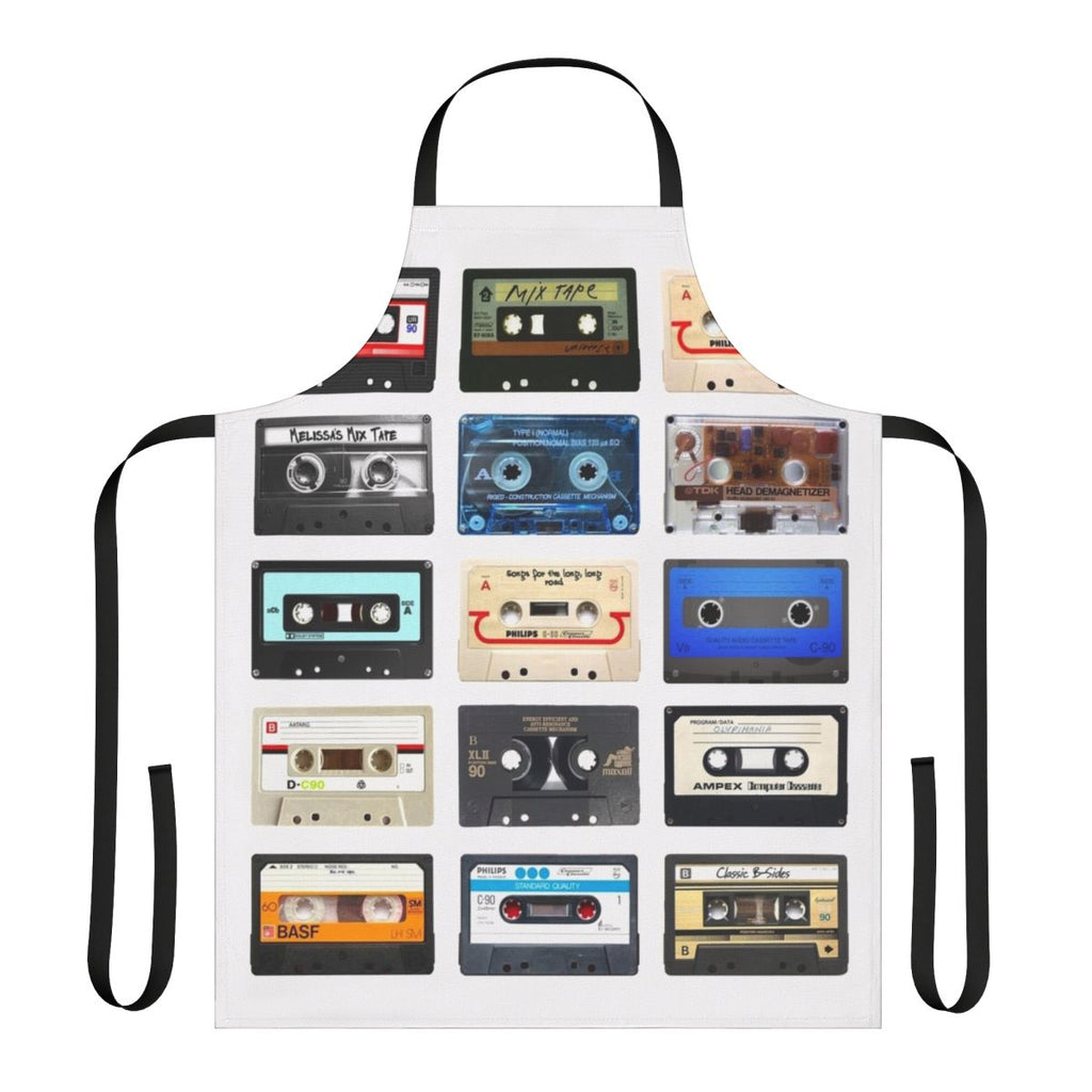 Retro music-themed apron with vintage boombox, cassette tape, and headphone graphics