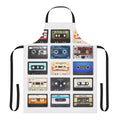 Retro music-themed apron with vintage boombox, cassette tape, and headphone graphics