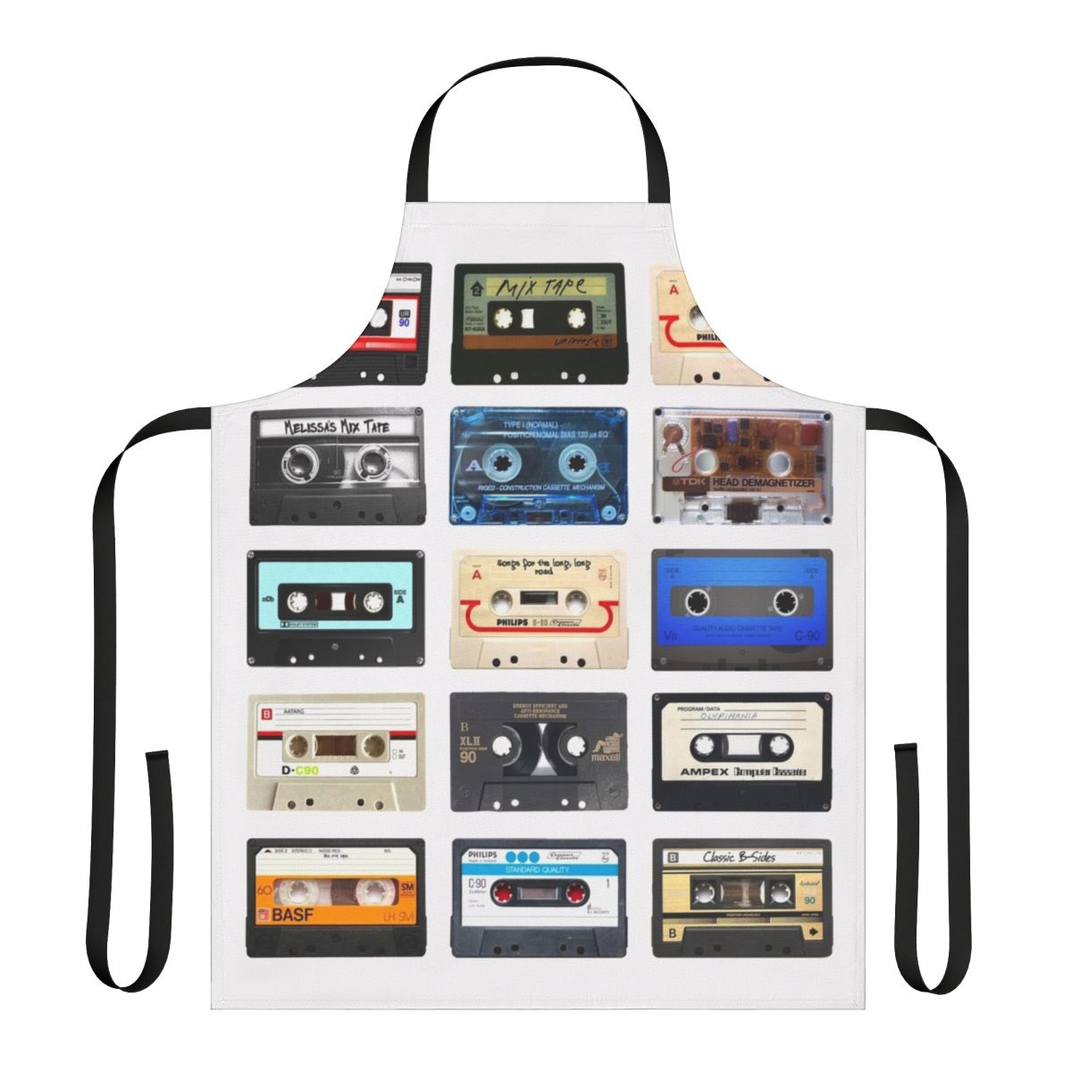 Retro music-themed apron with vintage boombox, cassette tape, and headphone graphics