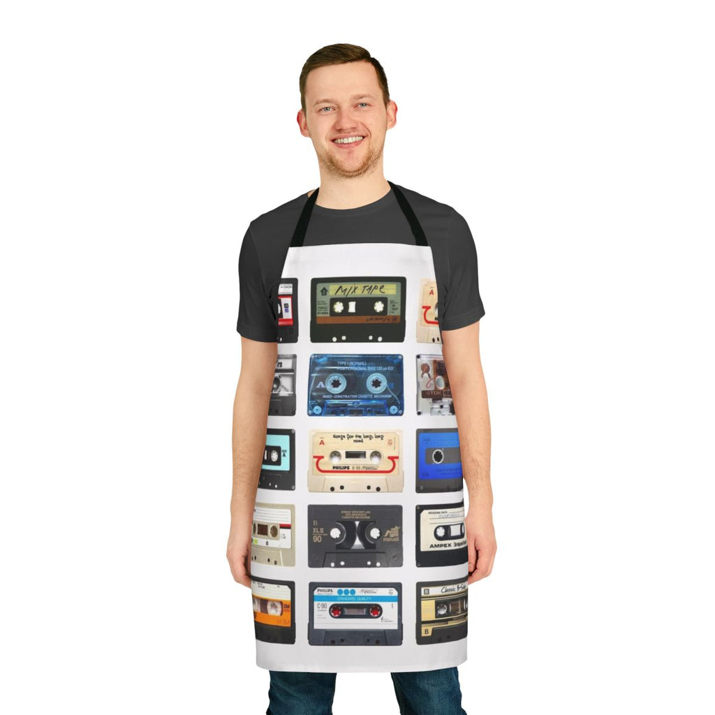 Retro music-themed apron with vintage boombox, cassette tape, and headphone graphics