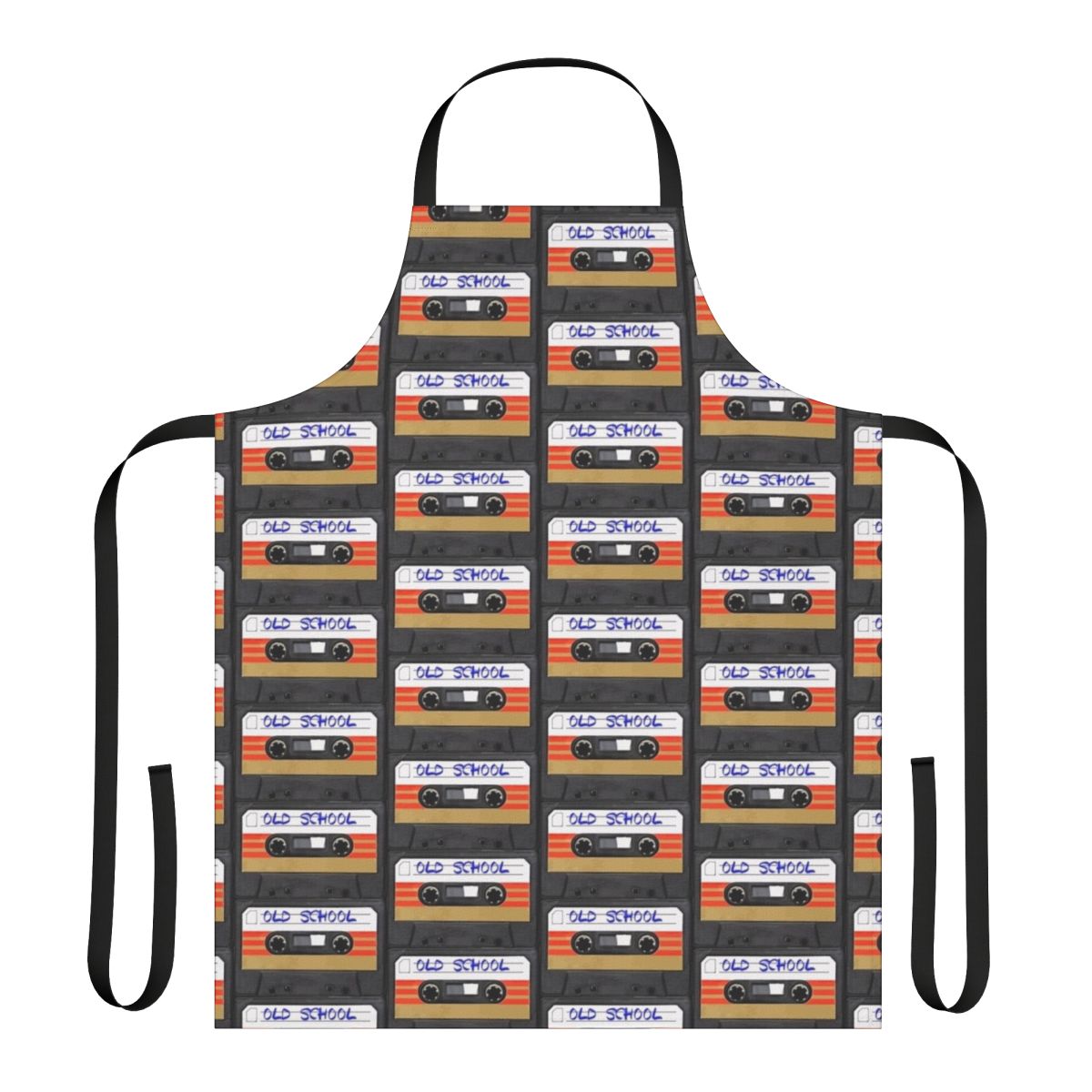 Retro music-themed apron with cassette tapes, vinyl records, and other vintage audio elements