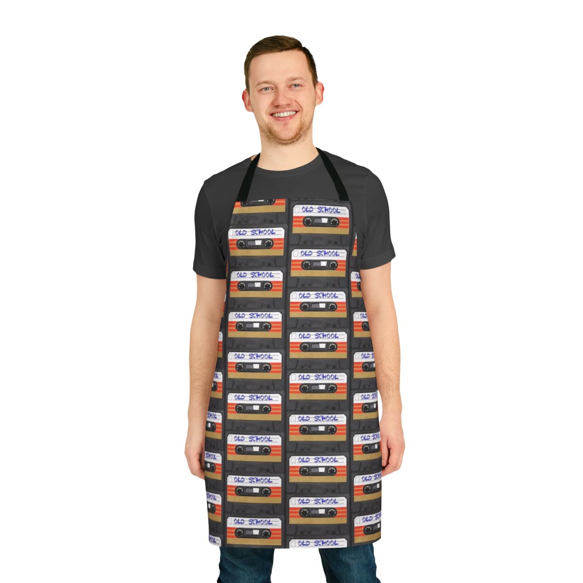 Retro music-themed apron with cassette tapes, vinyl records, and other vintage audio elements