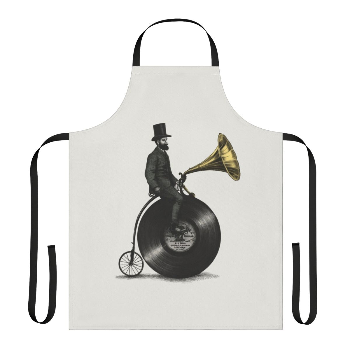 Retro music-themed apron with vintage bicycle, gramophone, and other music elements in a surreal, illustrated style.