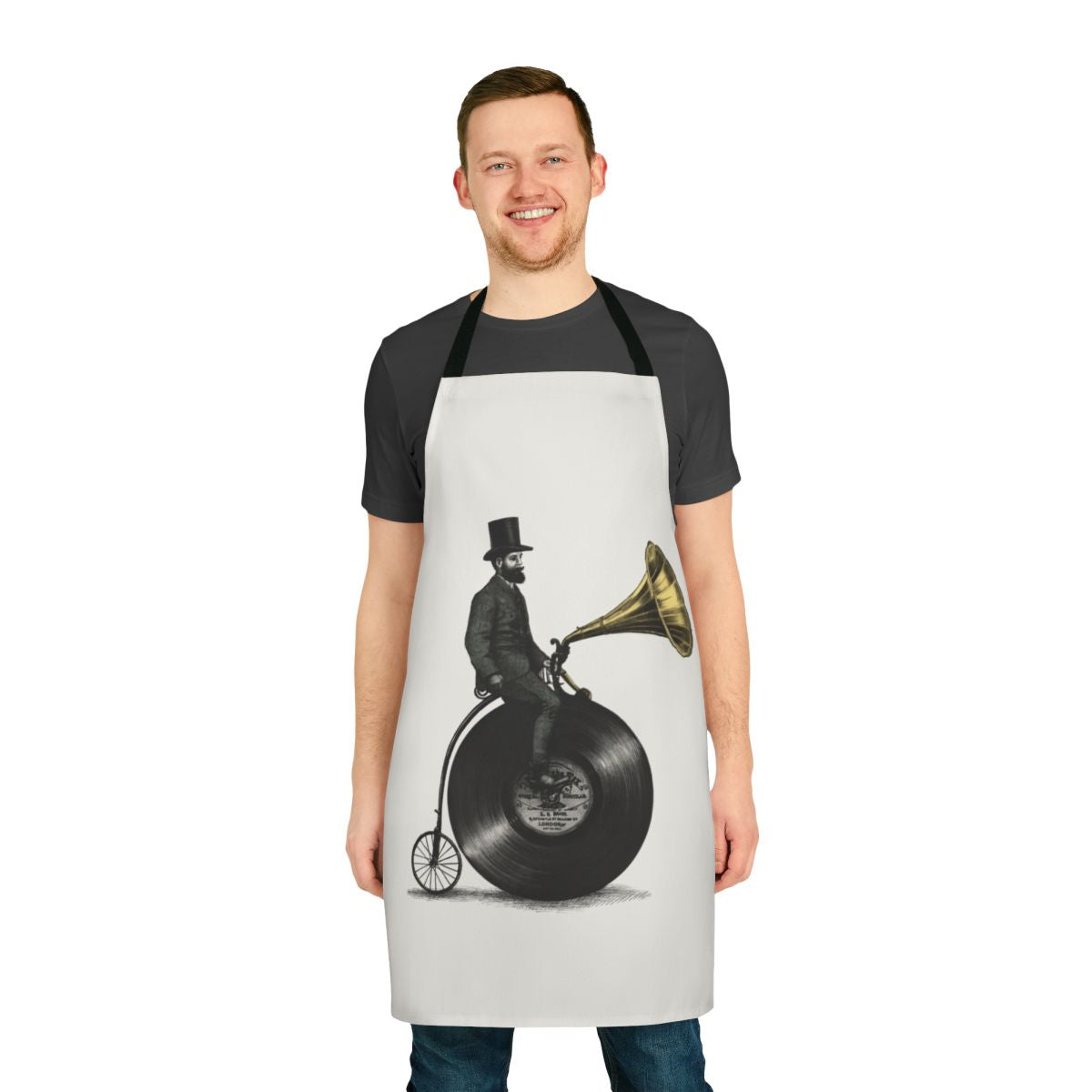 Retro music-themed apron with vintage bicycle, gramophone, and other music elements in a surreal, illustrated style.
