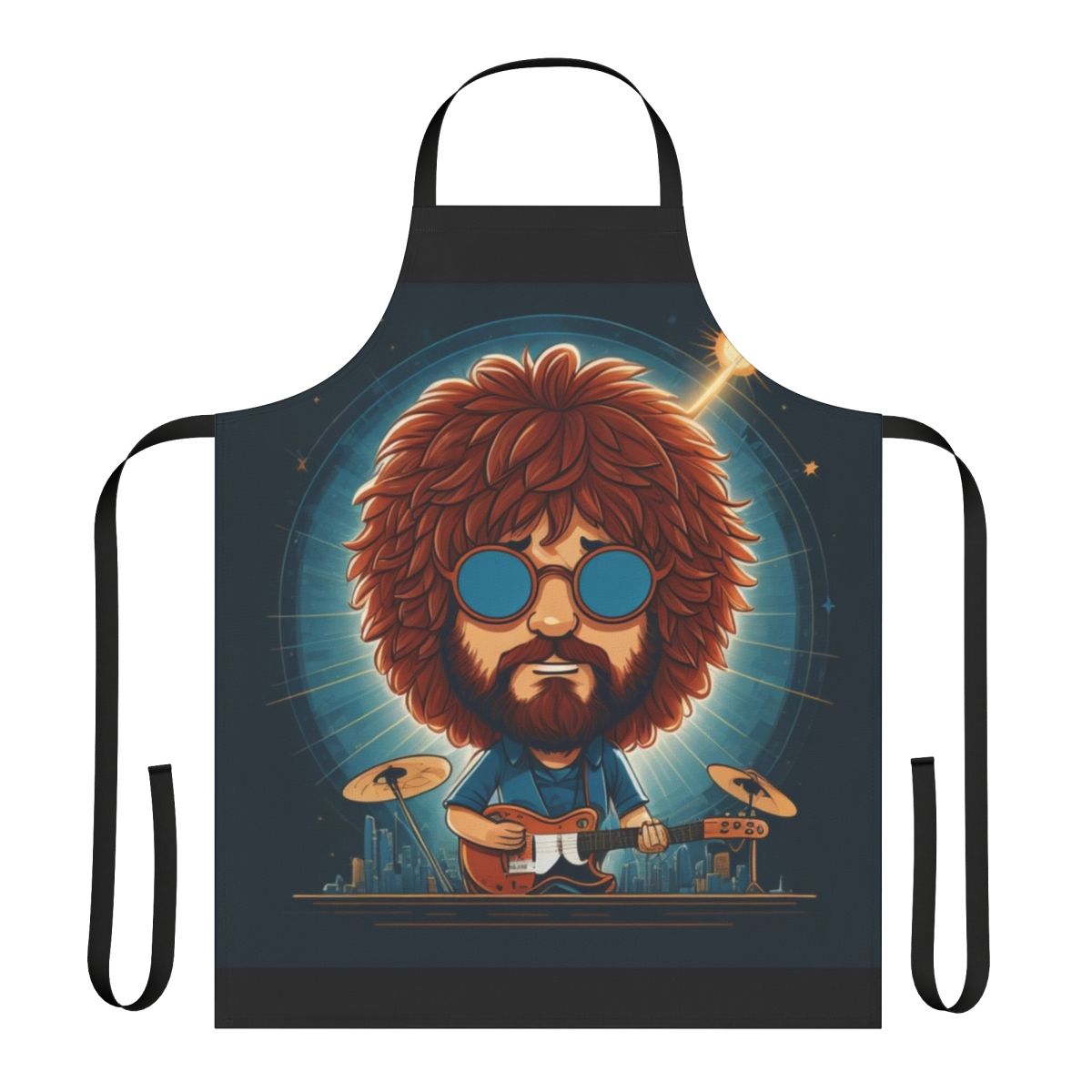 Cartoon-style apron with a design inspired by Jeff Lynne's "Mr. Blue Sky" song from Electric Light Orchestra (ELO)