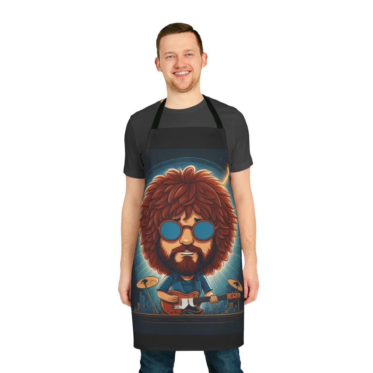 Cartoon-style apron with a design inspired by Jeff Lynne's "Mr. Blue Sky" song from Electric Light Orchestra (ELO)