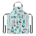 Retro music-themed turquoise apron with guitars, records, and other music elements
