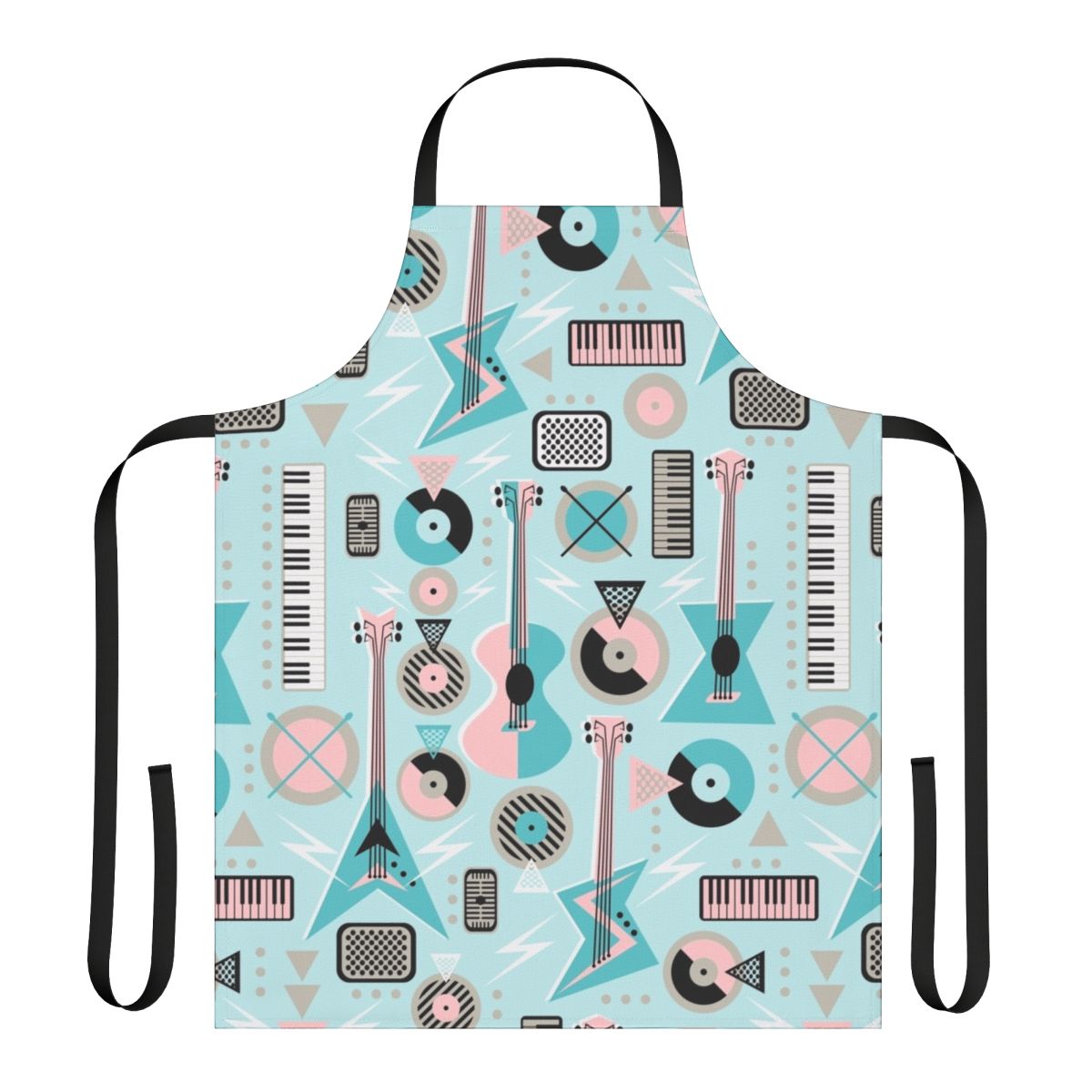 Retro music-themed turquoise apron with guitars, records, and other music elements