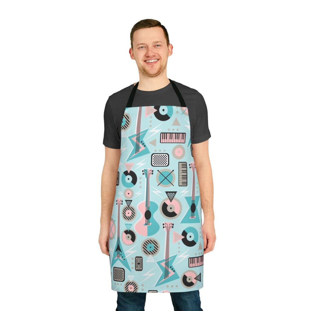 Retro music-themed turquoise apron with guitars, records, and other music elements