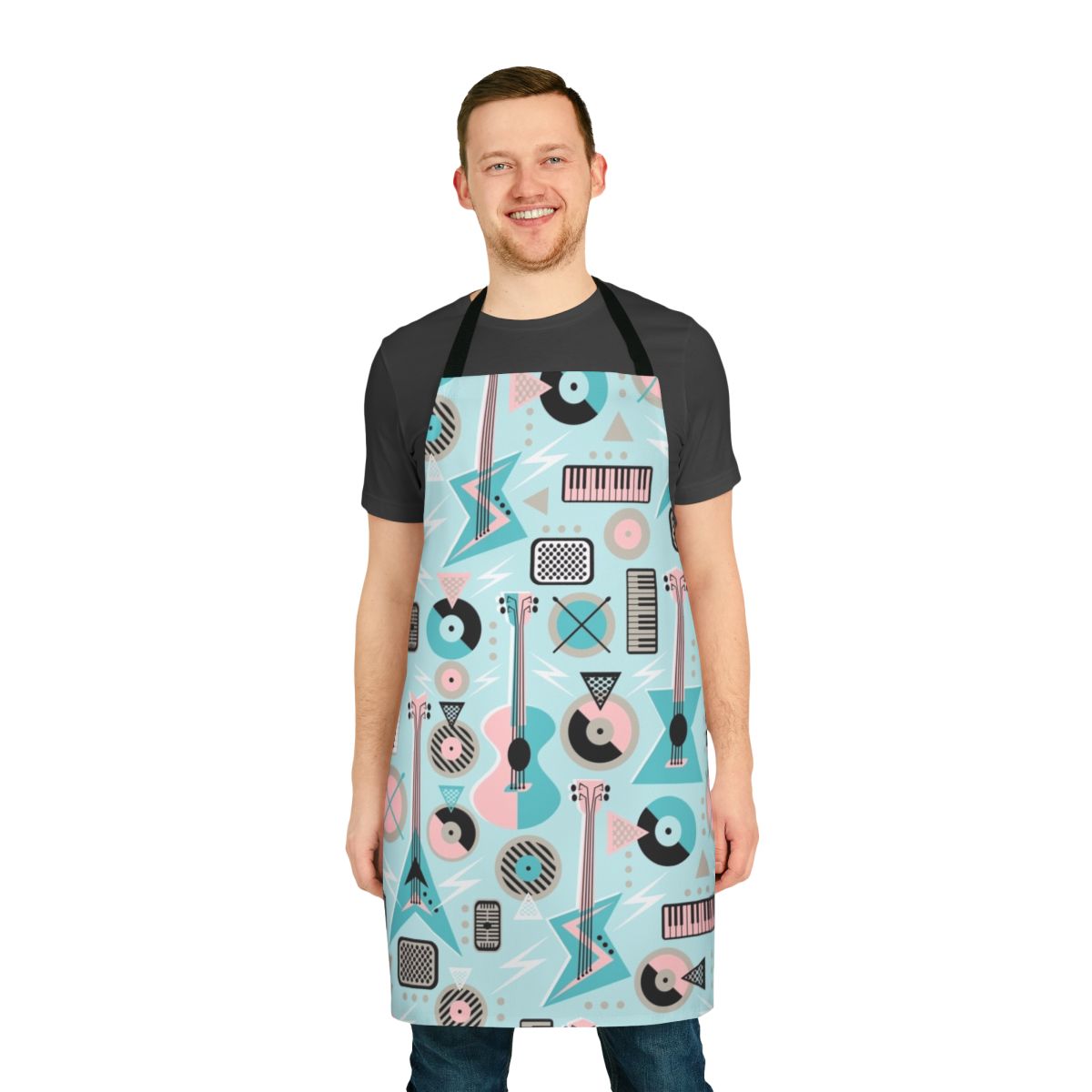 Retro music-themed turquoise apron with guitars, records, and other music elements