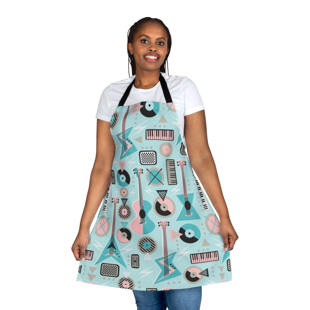 Retro music-themed turquoise apron with guitars, records, and other music elements