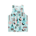 Retro-style turquoise unisex tank top with music-themed graphics
