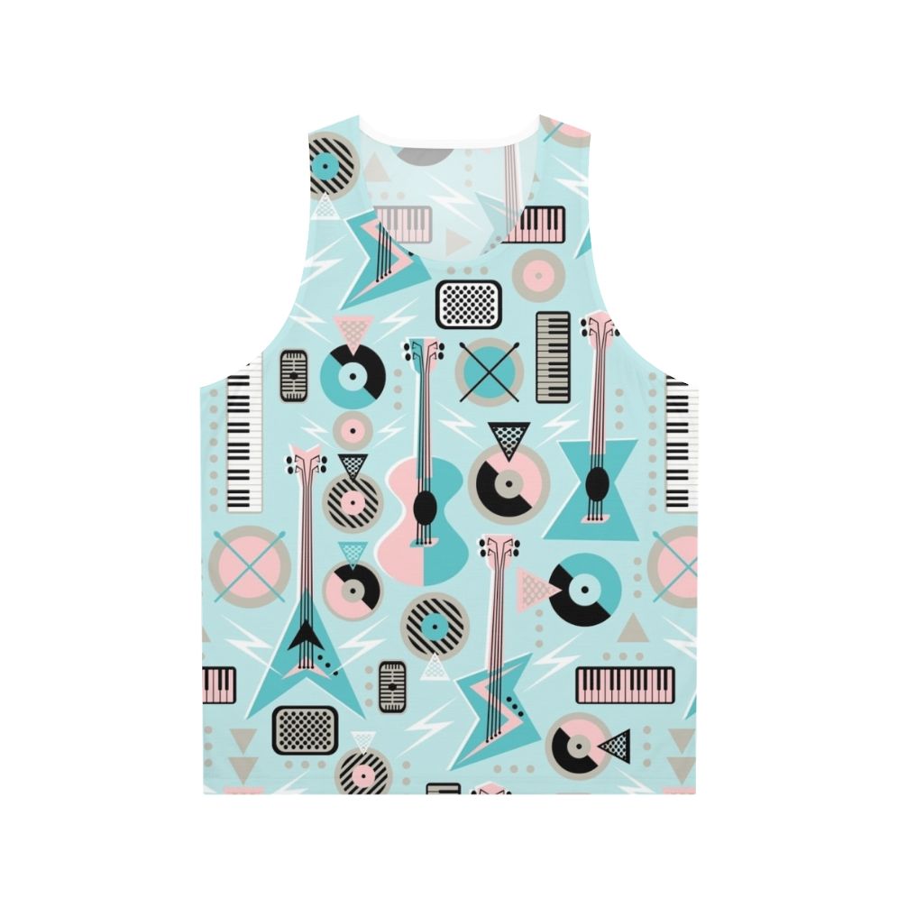 Retro-style turquoise unisex tank top with music-themed graphics