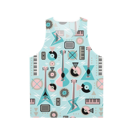 Retro-style turquoise unisex tank top with music-themed graphics