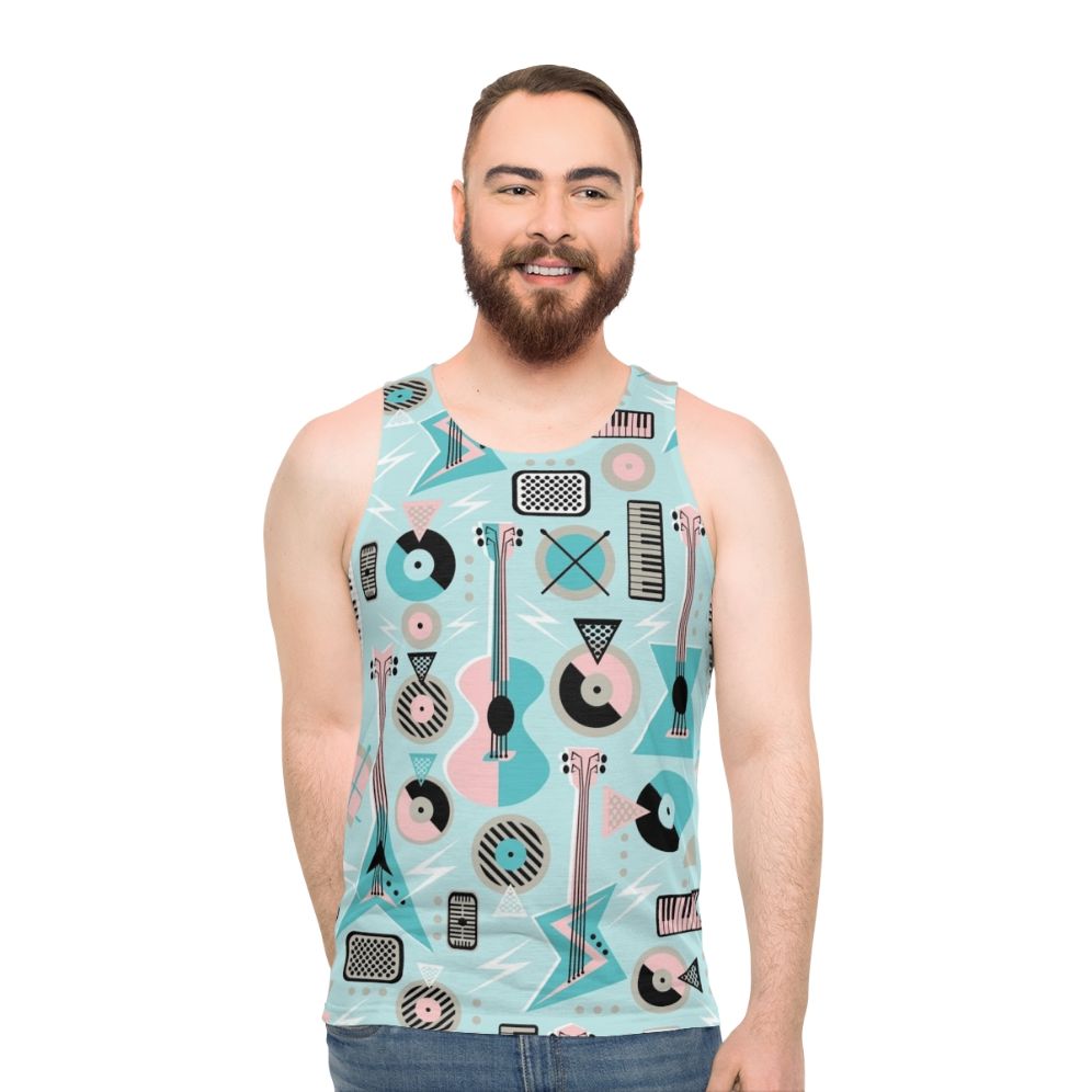 Retro-style turquoise unisex tank top with music-themed graphics