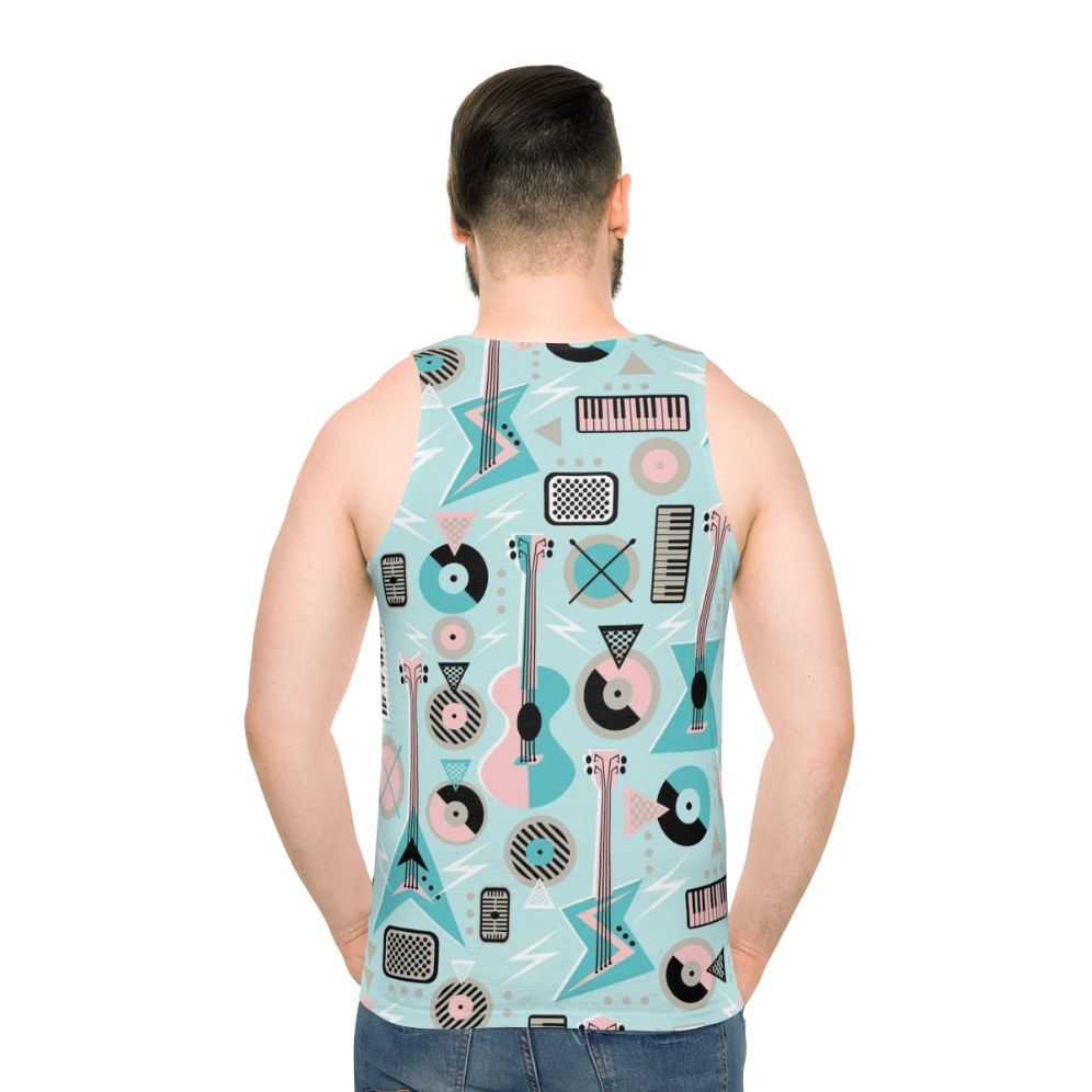 Retro-style turquoise unisex tank top with music-themed graphics