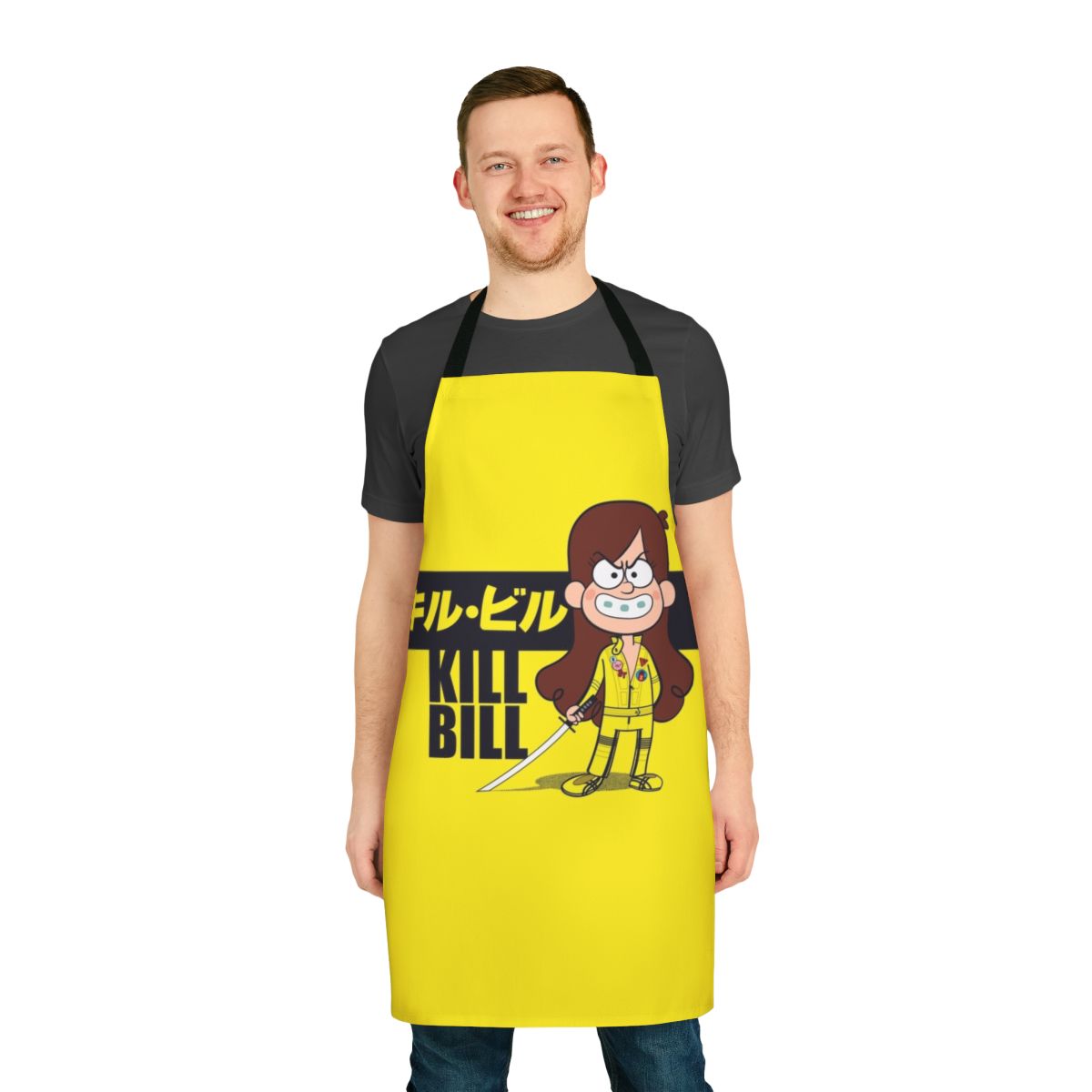 Retro Mystery Shack Anime-Inspired Apron featuring characters and symbols from the show Gravity Falls and the film Kill Bill