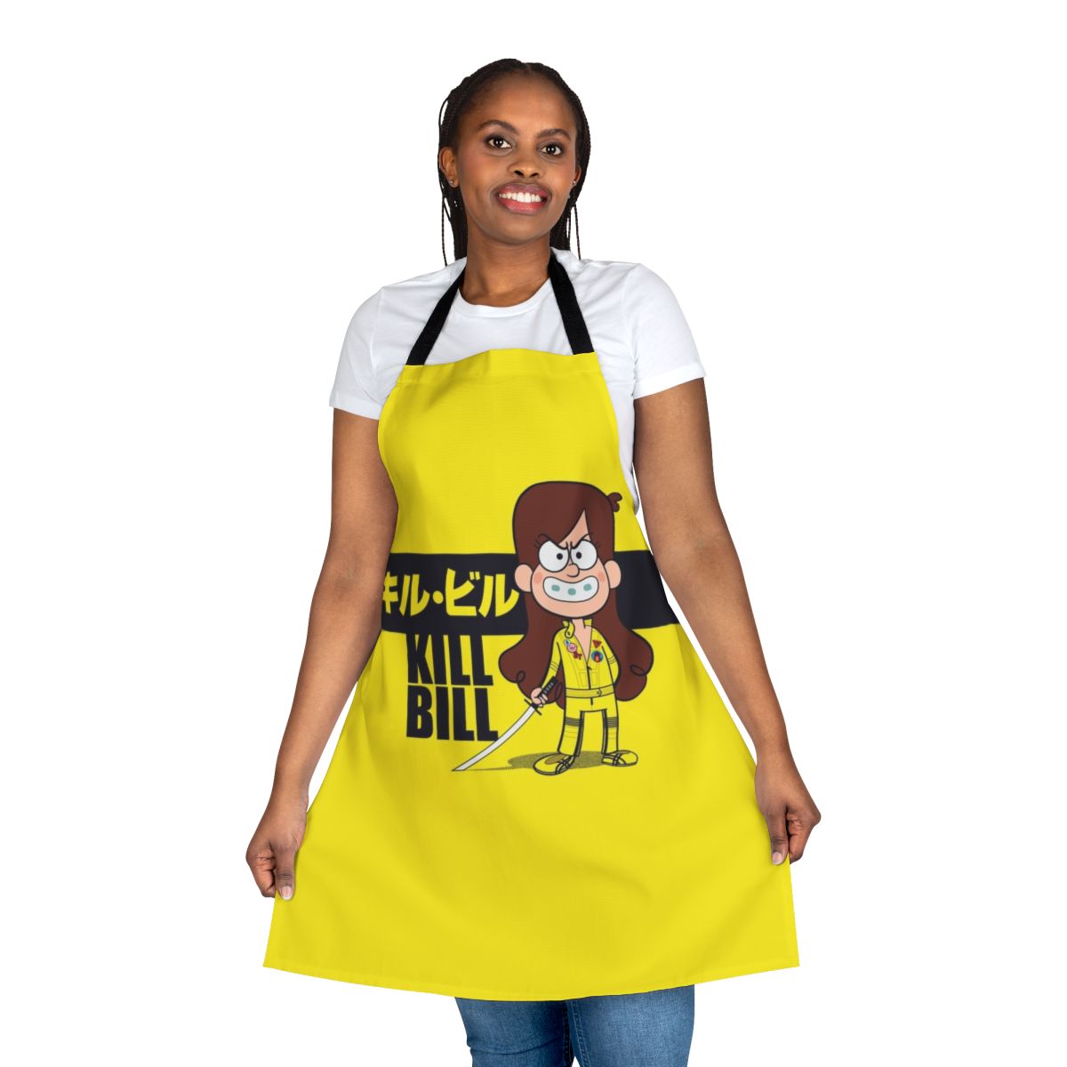 Retro Mystery Shack Anime-Inspired Apron featuring characters and symbols from the show Gravity Falls and the film Kill Bill
