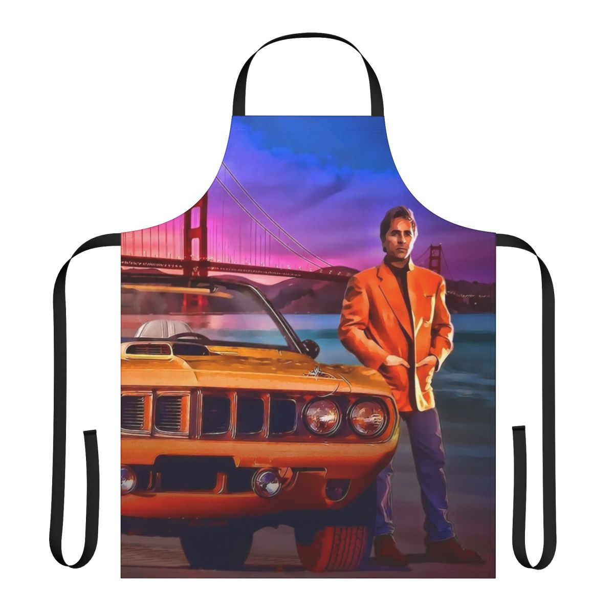 Vintage-style apron featuring a San Francisco police car and the Nash Bridges logo