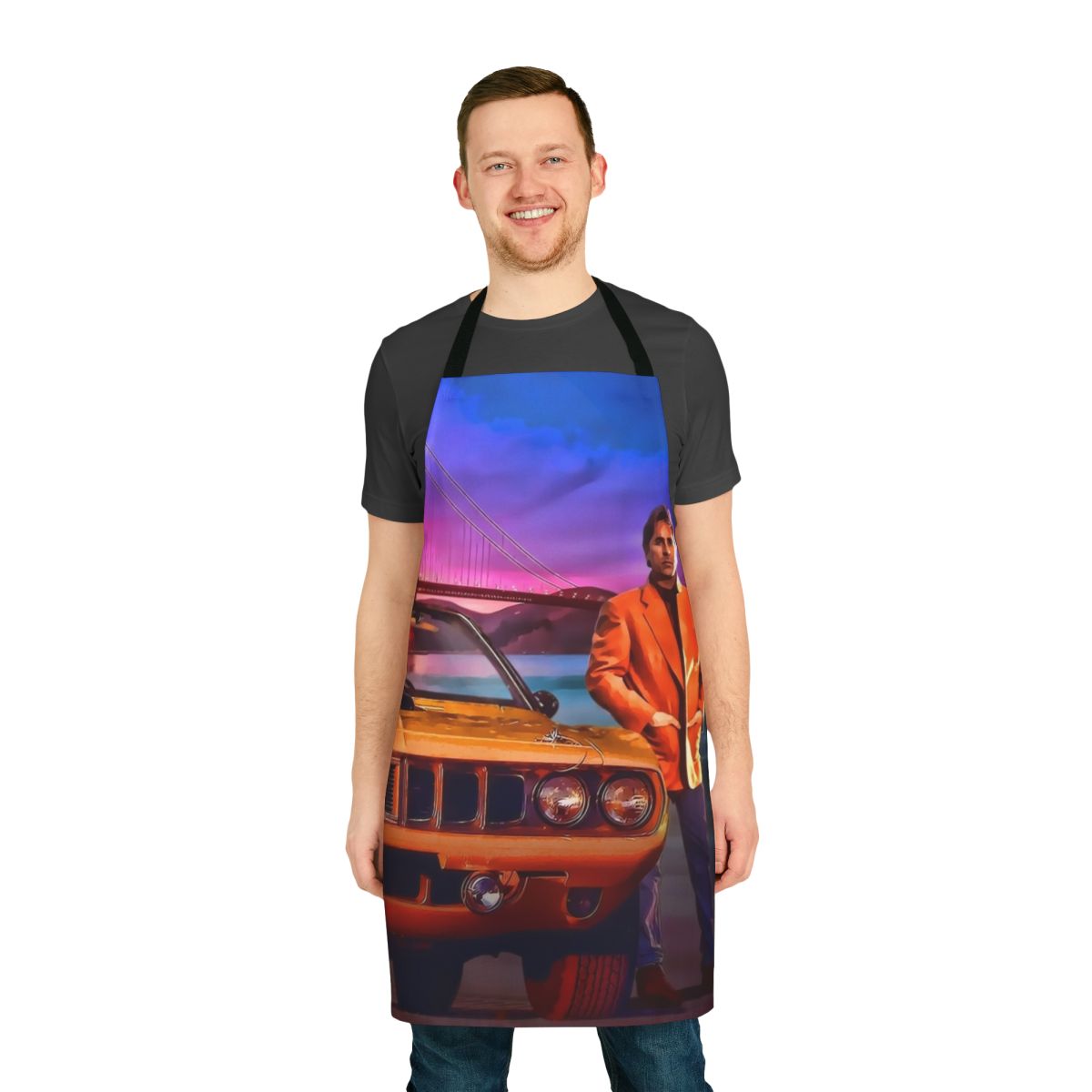 Vintage-style apron featuring a San Francisco police car and the Nash Bridges logo