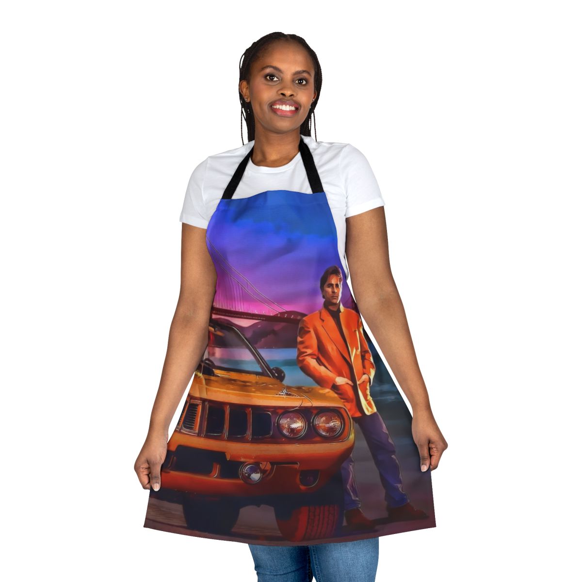 Vintage-style apron featuring a San Francisco police car and the Nash Bridges logo