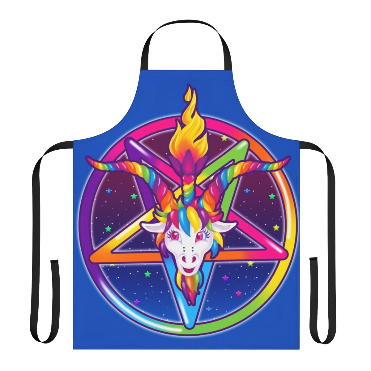 Vibrant neon-colored apron featuring a baphomet symbol design, evoking a 90s occult aesthetic.