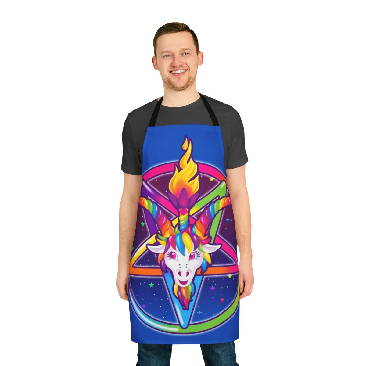 Vibrant neon-colored apron featuring a baphomet symbol design, evoking a 90s occult aesthetic.
