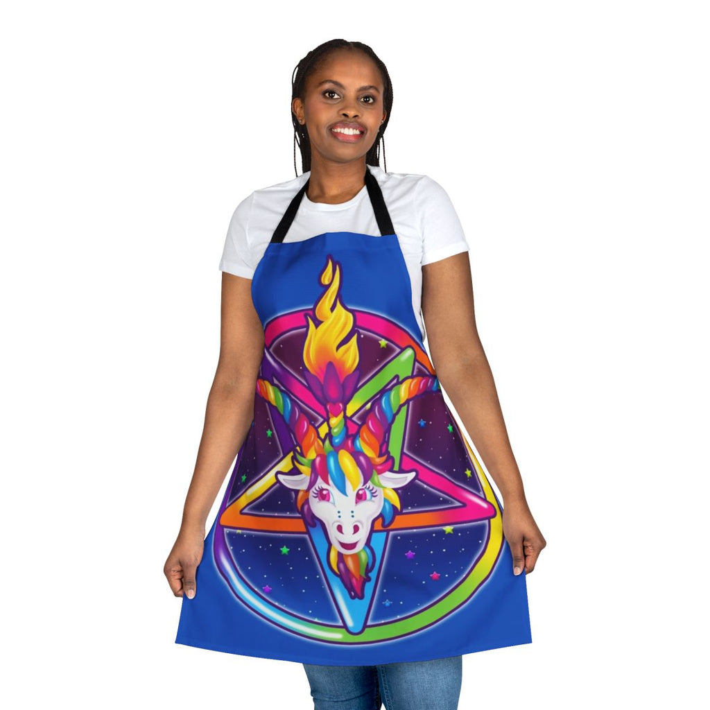 Vibrant neon-colored apron featuring a baphomet symbol design, evoking a 90s occult aesthetic.