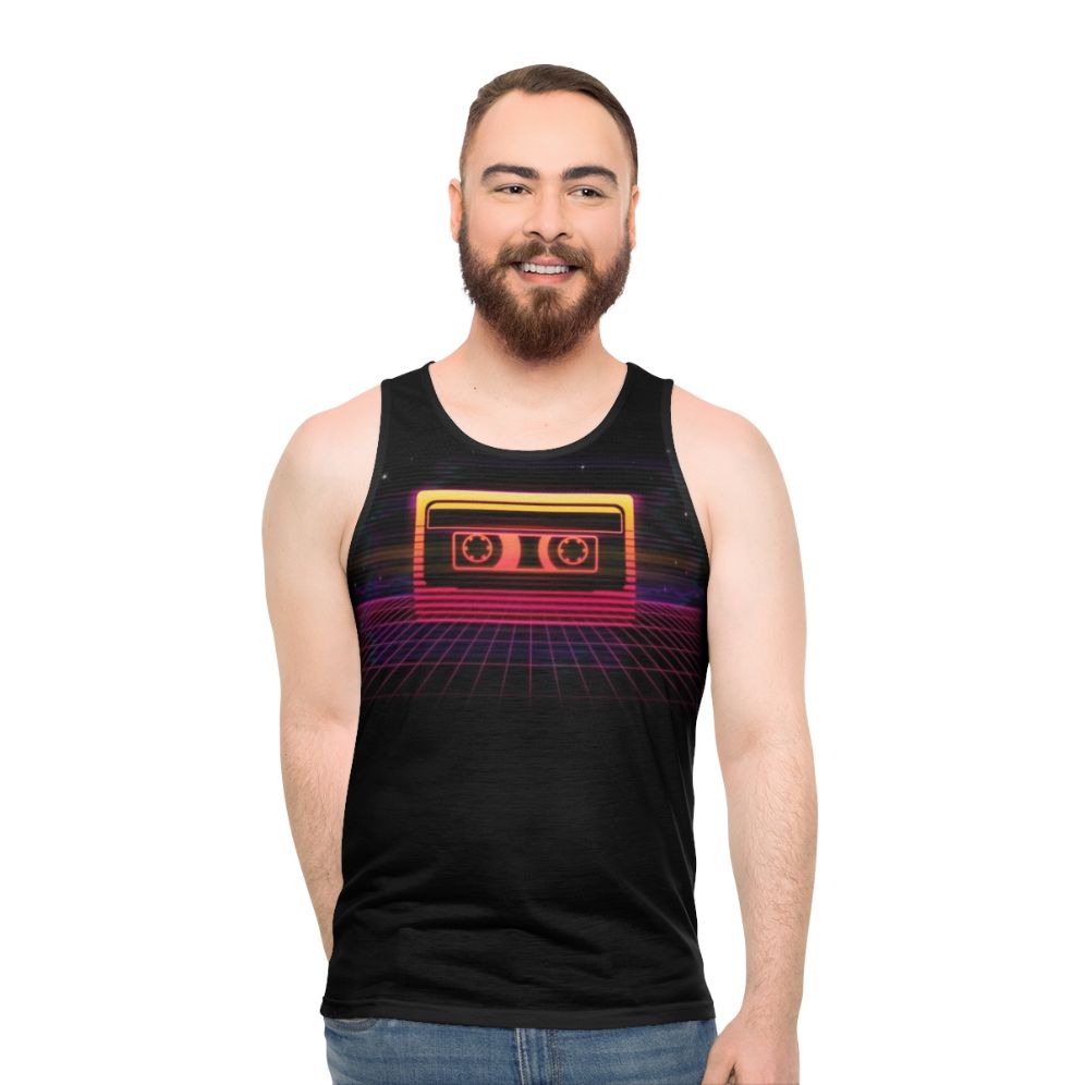Retro neon sunset cassette tape graphic unisex tank top