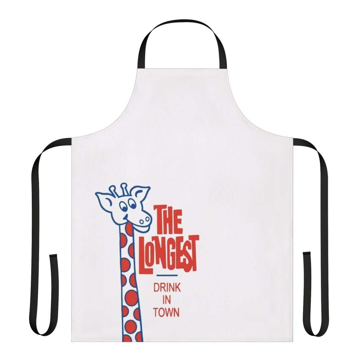 A retro-styled apron featuring an illustration of the iconic "Longest Drink in Town" milkshake from New Zealand.